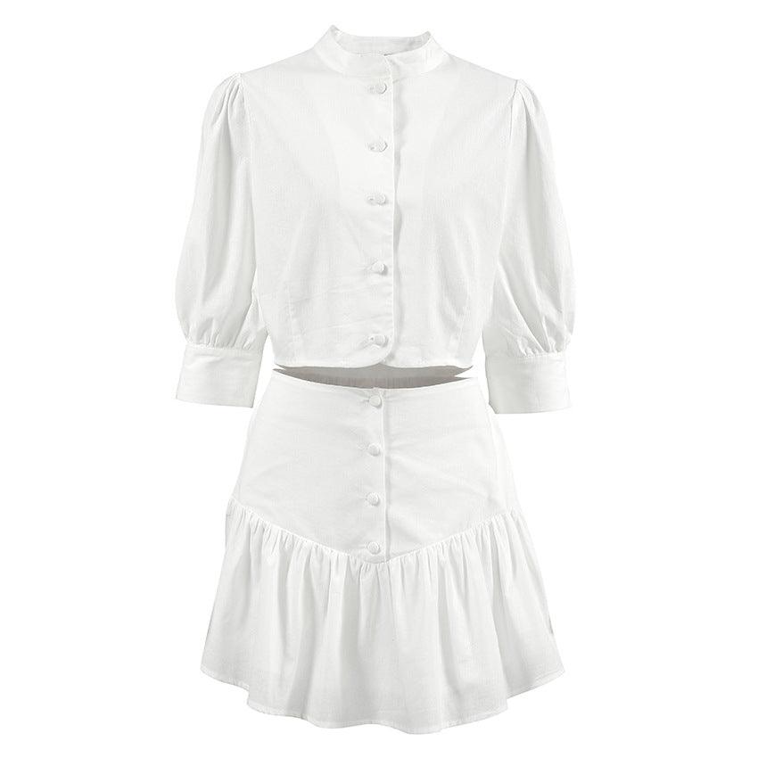 White Lantern Sleeve Shirt Short Skirt Two-piece Set For Women - BelleHarris