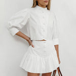 White Lantern Sleeve Shirt Short Skirt Two-piece Set For Women - BelleHarris