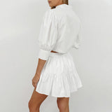 White Lantern Sleeve Shirt Short Skirt Two-piece Set For Women - BelleHarris