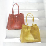 Women's luxury handbags- Toko Recycled Woven Tote Bag, in Mustard Yellow & White - BelleHarris