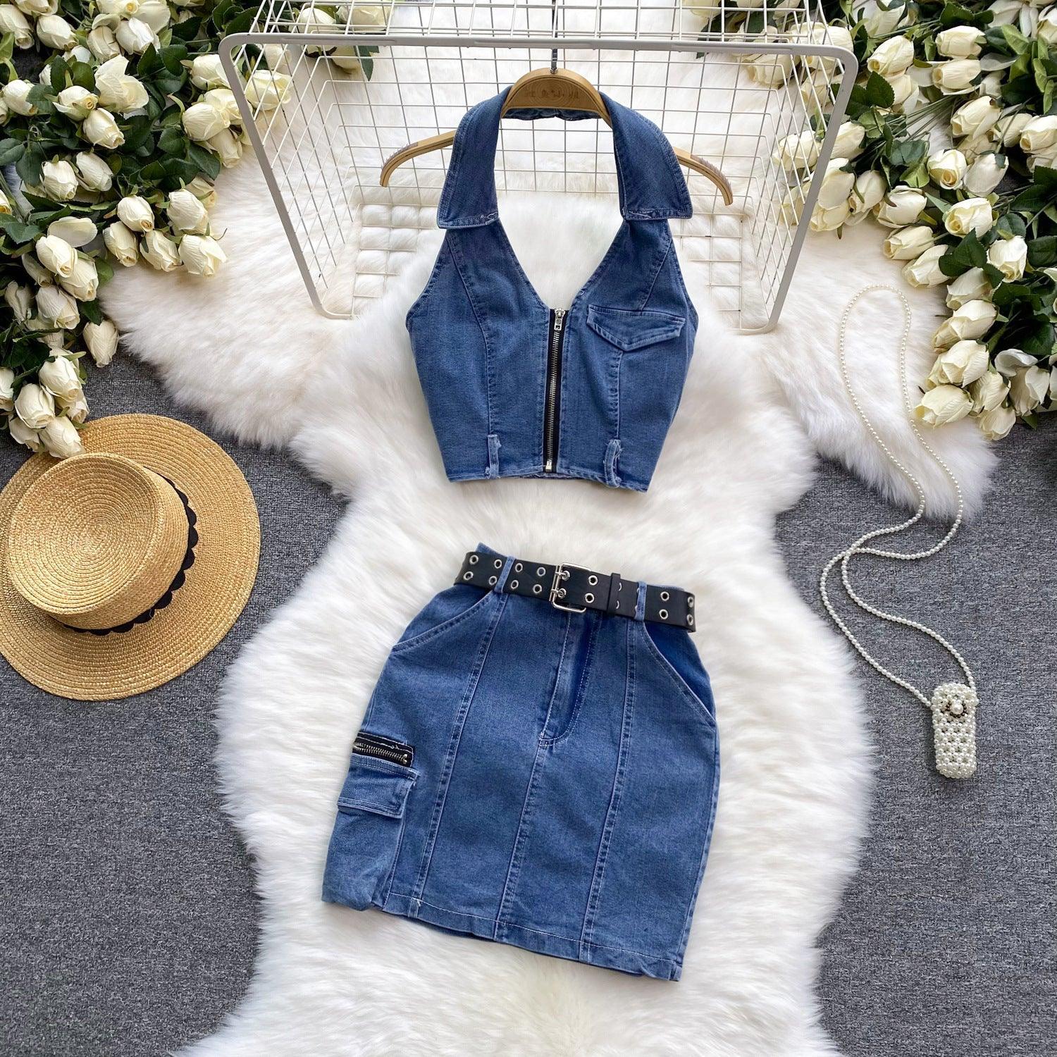 Women's Retro Slim Short Sleeveless Halter Denim Vest Two-piece Set - BelleHarris