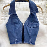 Women's Retro Slim Short Sleeveless Halter Denim Vest Two-piece Set - BelleHarris