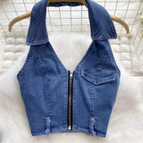 Women's Retro Slim Short Sleeveless Halter Denim Vest Two-piece Set - BelleHarris