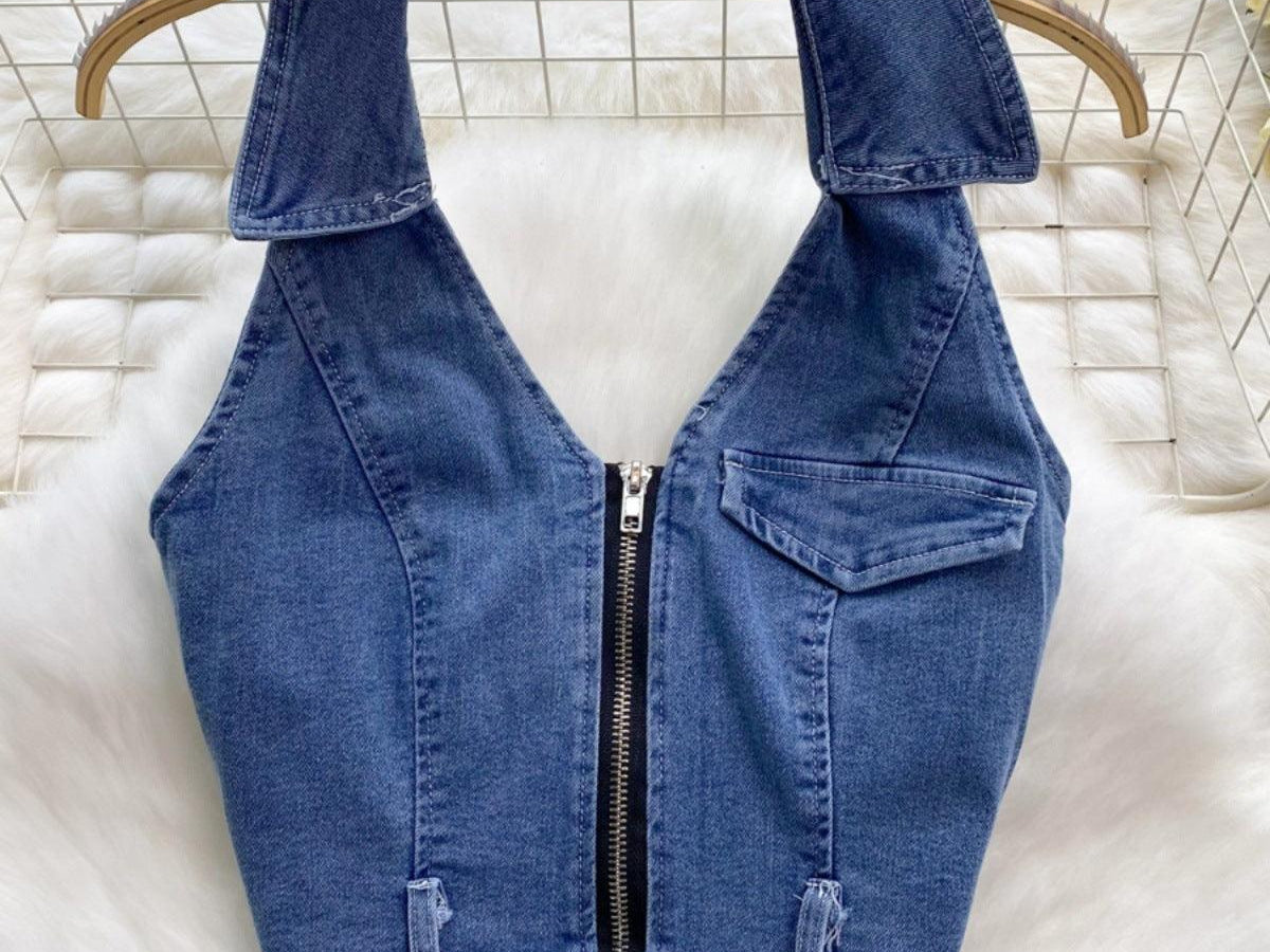 Women's Retro Slim Short Sleeveless Halter Denim Vest Two-piece Set - BelleHarris