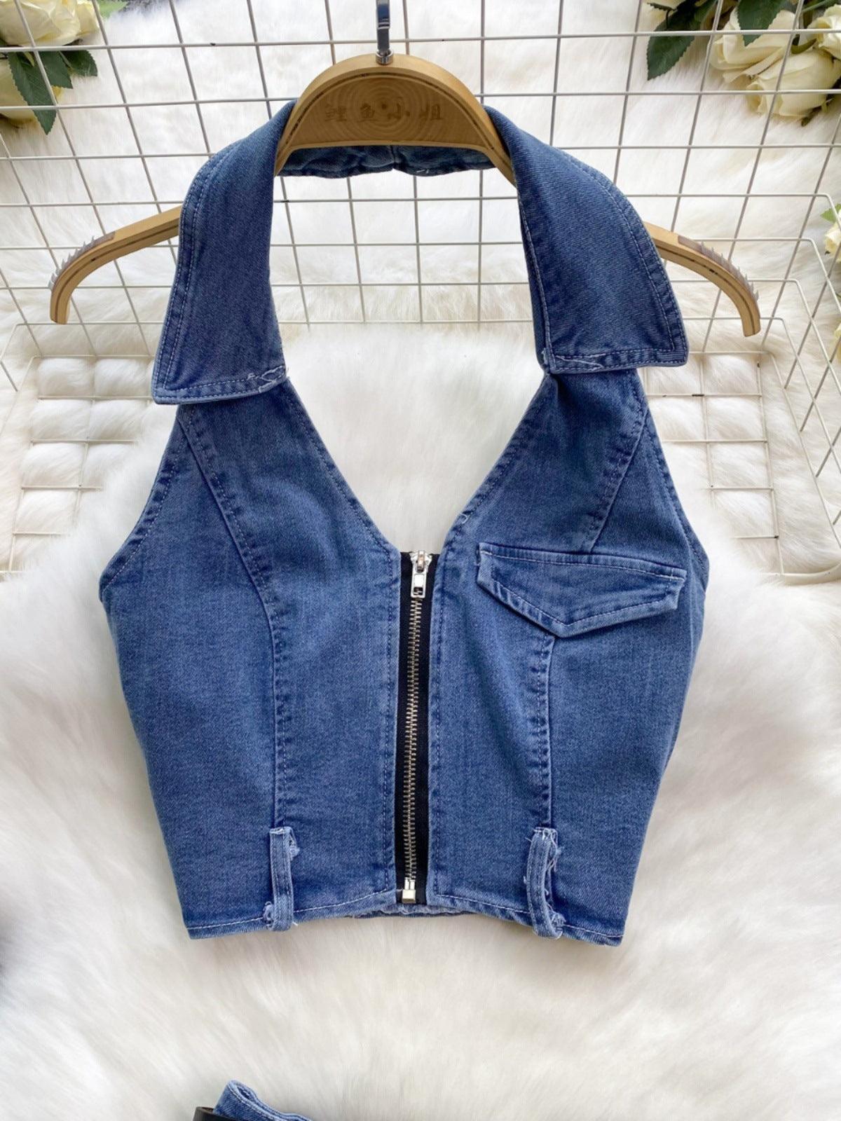 Women's Retro Slim Short Sleeveless Halter Denim Vest Two-piece Set - BelleHarris
