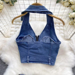 Women's Retro Slim Short Sleeveless Halter Denim Vest Two-piece Set - BelleHarris