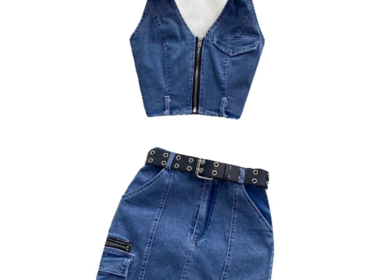 Women's Retro Slim Short Sleeveless Halter Denim Vest Two-piece Set - BelleHarris