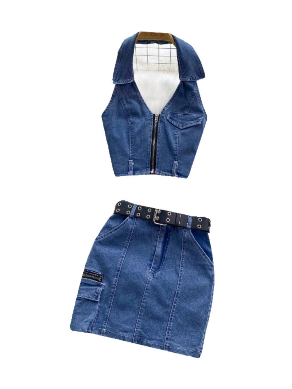 Women's Retro Slim Short Sleeveless Halter Denim Vest Two-piece Set - BelleHarris