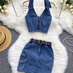 Women's Retro Slim Short Sleeveless Halter Denim Vest Two-piece Set - BelleHarris