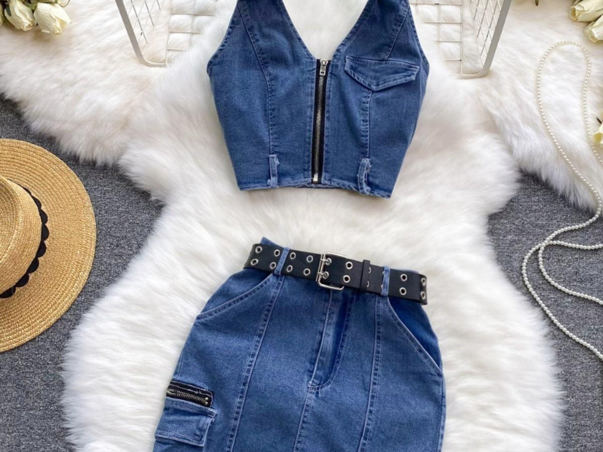 Women's Retro Slim Short Sleeveless Halter Denim Vest Two-piece Set - BelleHarris