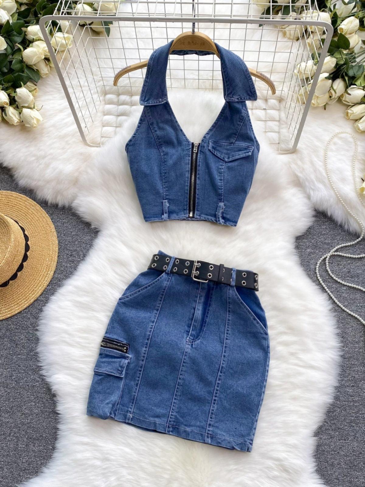 Women's Retro Slim Short Sleeveless Halter Denim Vest Two-piece Set - BelleHarris