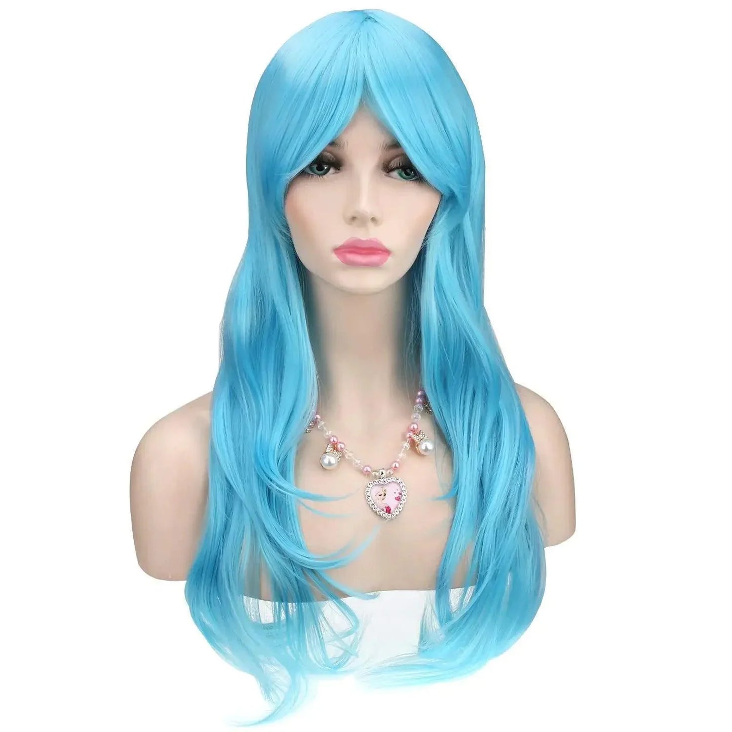 Heat Resistant 28-Inch Long Curly Hair Wig with Wig Cap – Light Blue