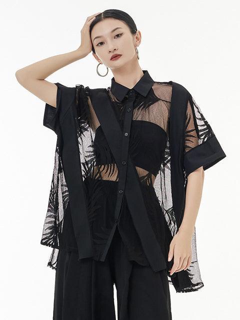 Hayato Sheer Leaf Blouse - Black - BelleHarris