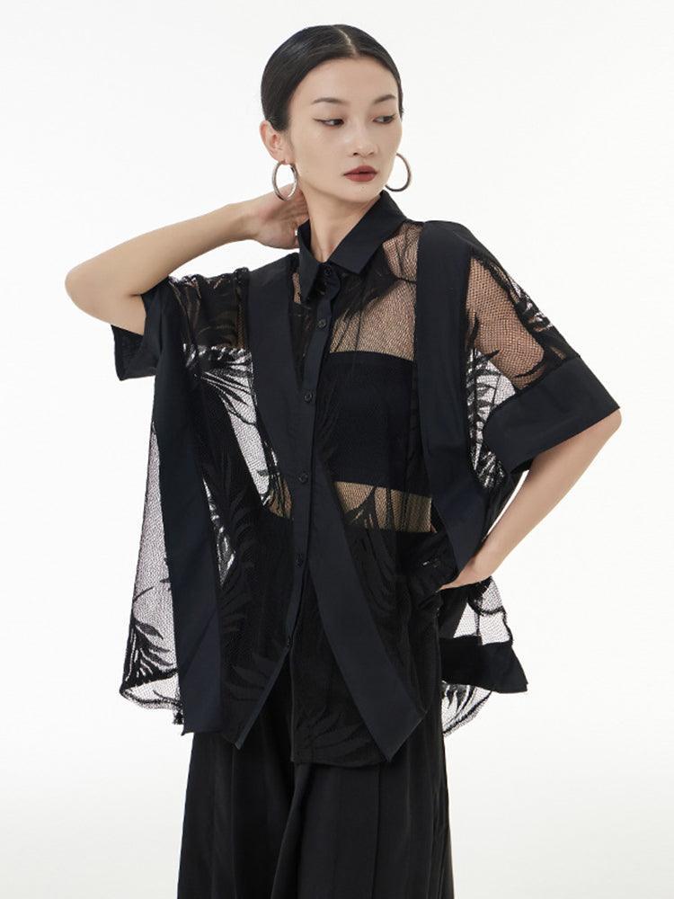 Hayato Sheer Leaf Blouse - Black - BelleHarris