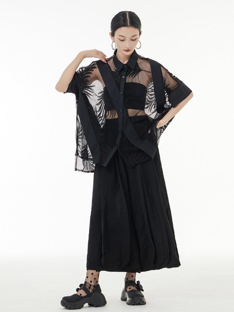 Hayato Sheer Leaf Blouse - Black - BelleHarris