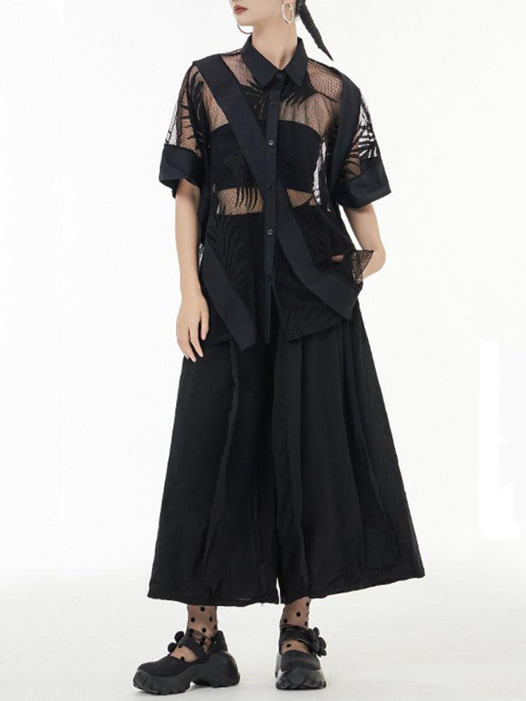 Hayato Sheer Leaf Blouse - Black - BelleHarris