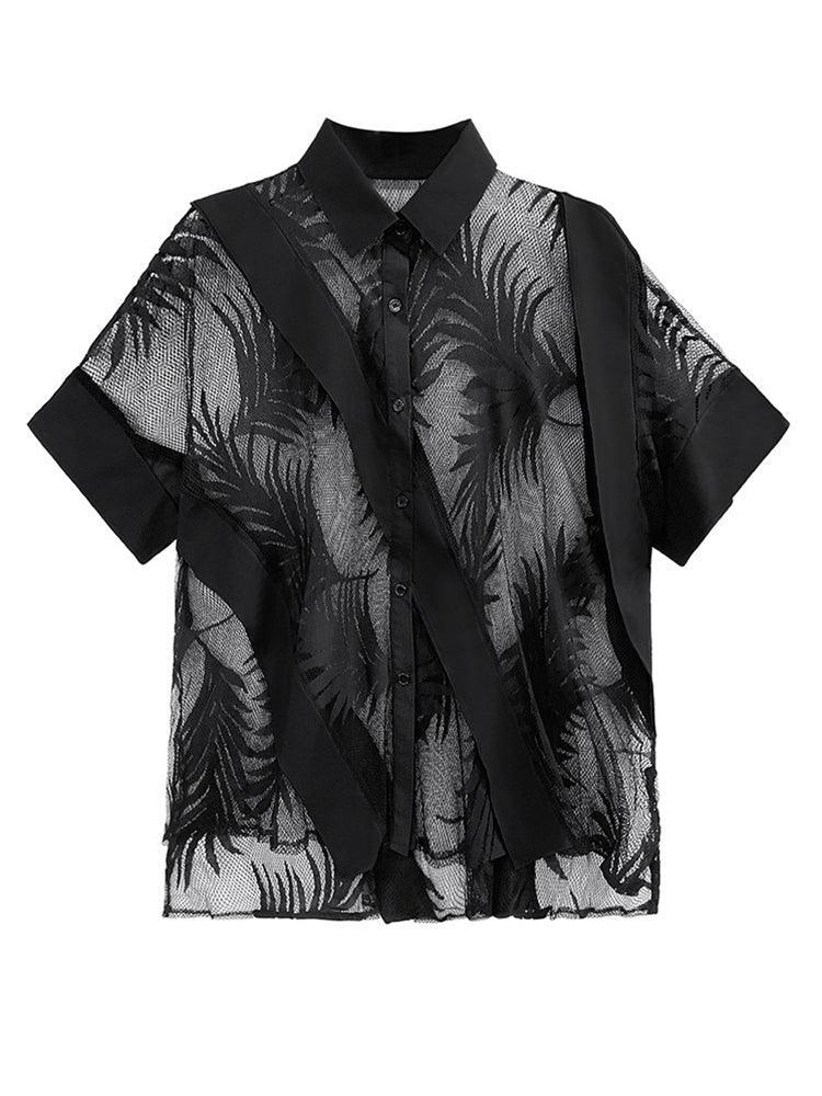 Hayato Sheer Leaf Blouse - Black - BelleHarris