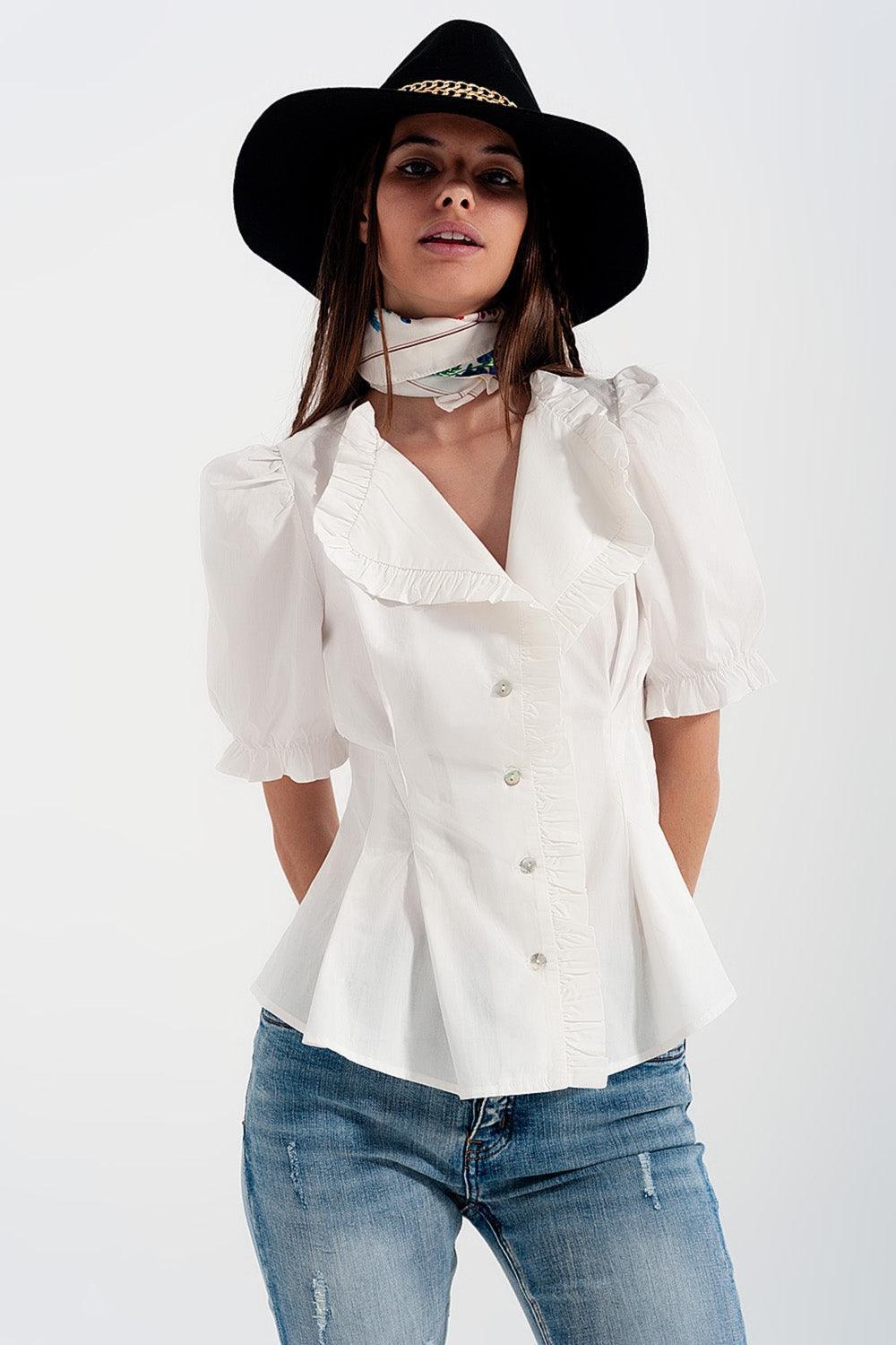 Poplin Frill Detail Wrap Blouse in Cream - BelleHarris