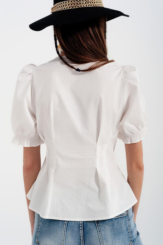 Poplin Frill Detail Wrap Blouse in Cream - BelleHarris