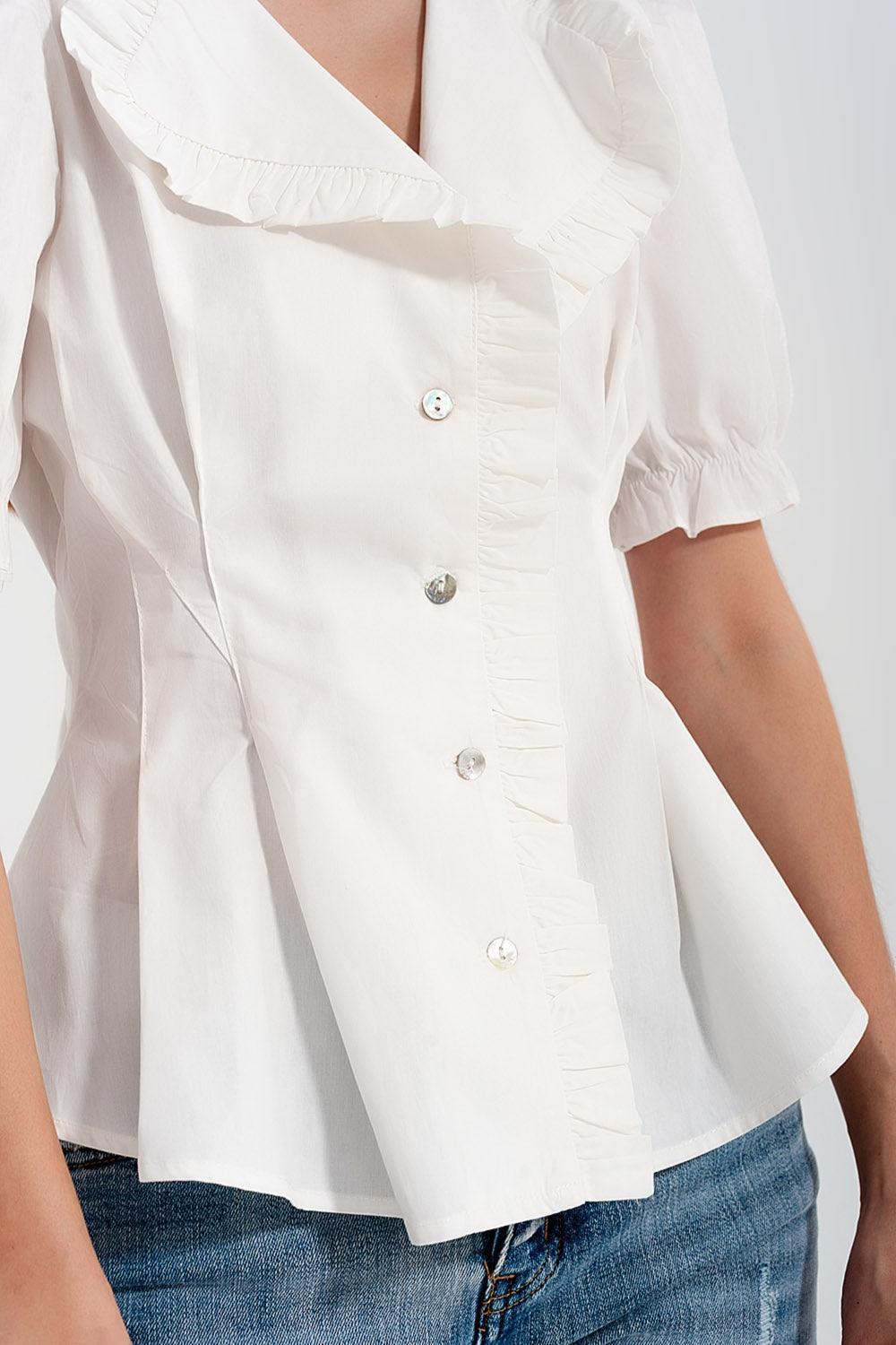 Poplin Frill Detail Wrap Blouse in Cream - BelleHarris