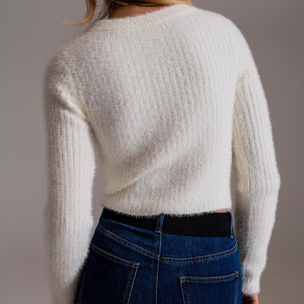 RIbbed Cropped Sweater With Stitching Detail in Ecru - BelleHarris