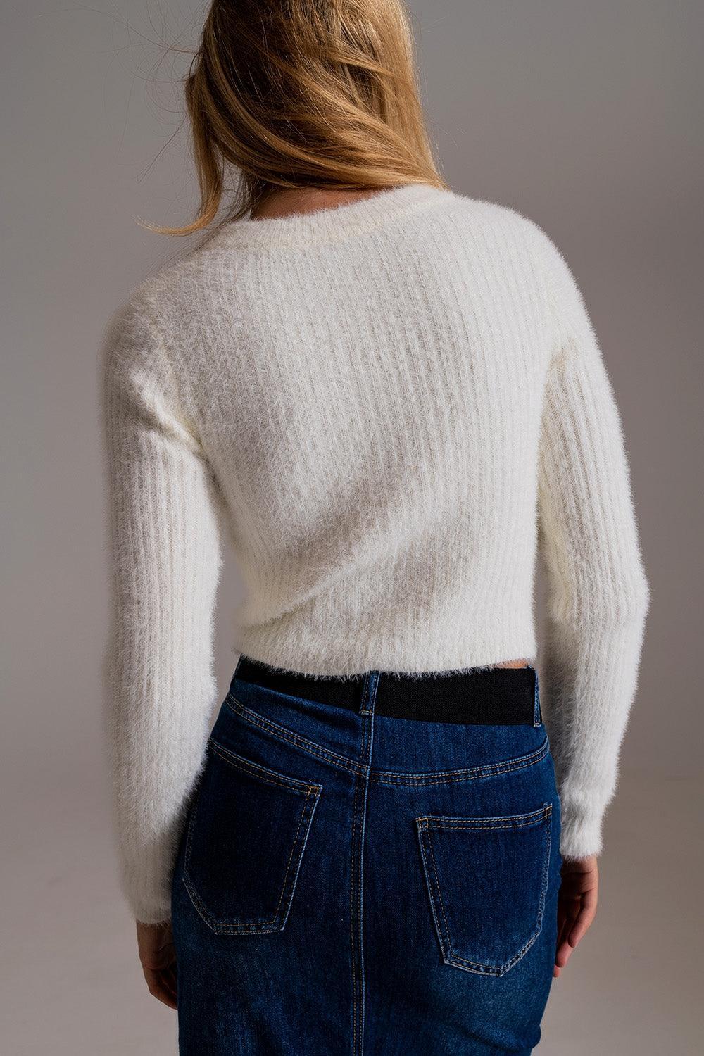RIbbed Cropped Sweater With Stitching Detail in Ecru - BelleHarris