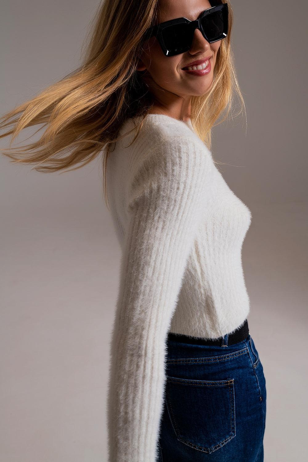 RIbbed Cropped Sweater With Stitching Detail in Ecru - BelleHarris