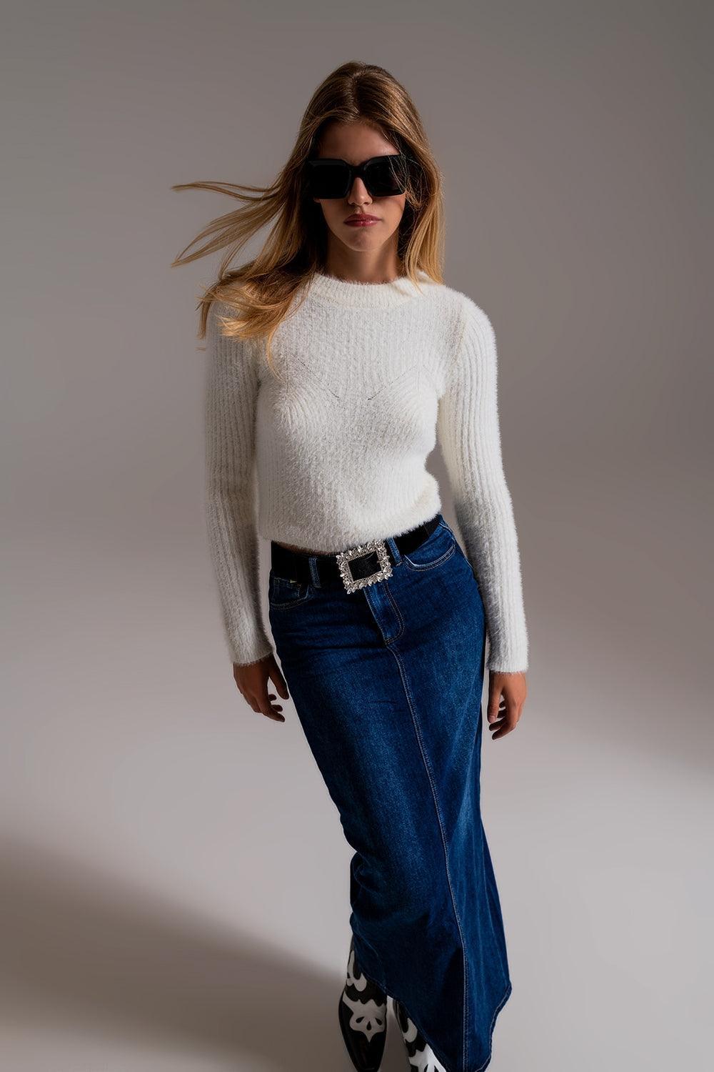 RIbbed Cropped Sweater With Stitching Detail in Ecru - BelleHarris
