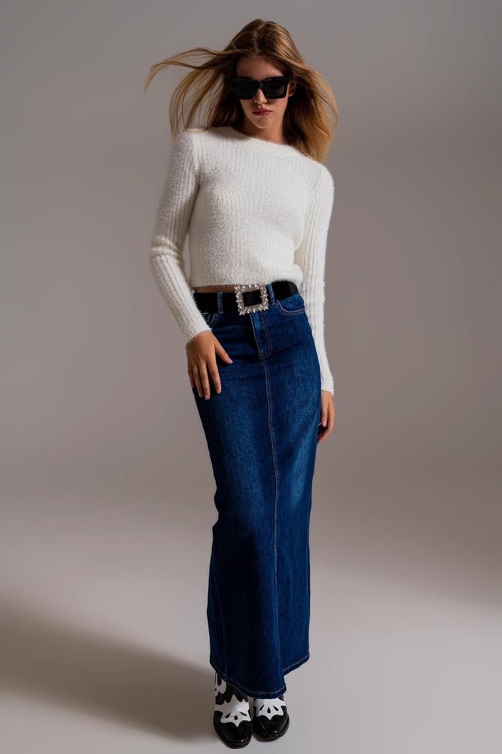 RIbbed Cropped Sweater With Stitching Detail in Ecru - BelleHarris
